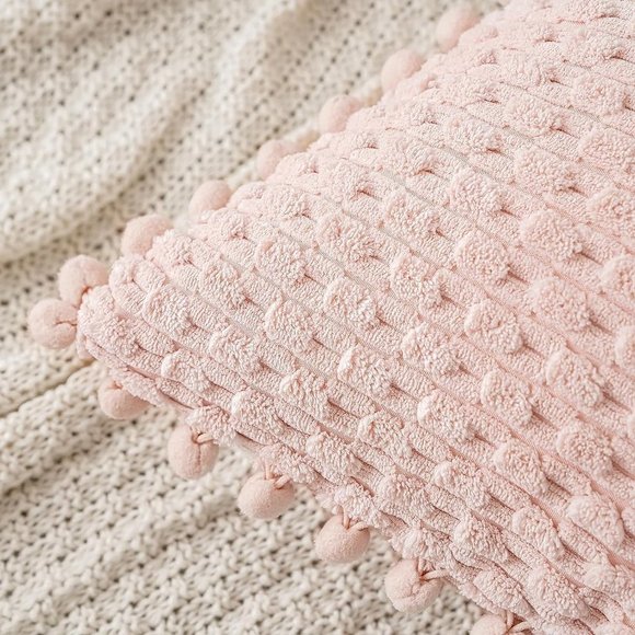 Pompom Pink Stripe Texture Corduroy Farmhouse Cute Luxury Soft Pillow Cover Set - Picture 2 of 7